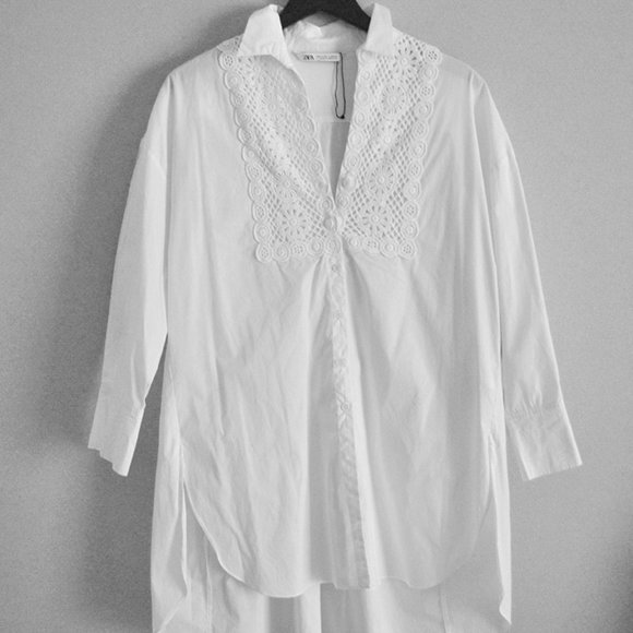 Zara Tops Zara White Cotton Shirt Dress With Crochet Front Insert